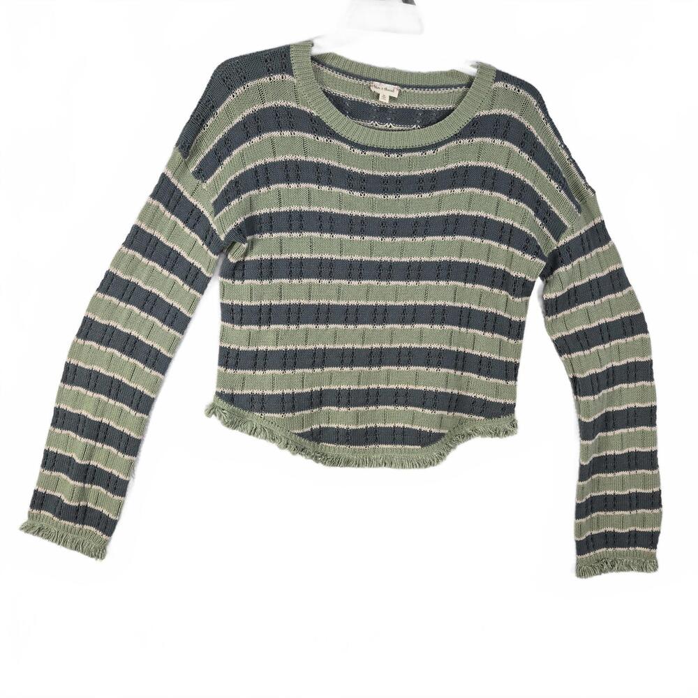 Hem & Thread Green Blue Cream Striped Crop Knit Sweater Fringe Hem Cozy Preppy M